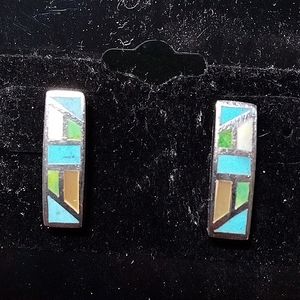 Vintage ZUNI Native American Blue & Green Turquoise and Opal Inlay Stud Earrings